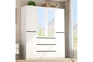 PVWIIK 4-Doors Armoire Wardrobe Closet with 3 Drawers & Mirror, Wooden Bedroom Armoires with Shelves and Hanging Rod for Bedroom, Guest Room, Freestanding Wardrobe, 63" L x 20.50" W x 74.8" H, White
