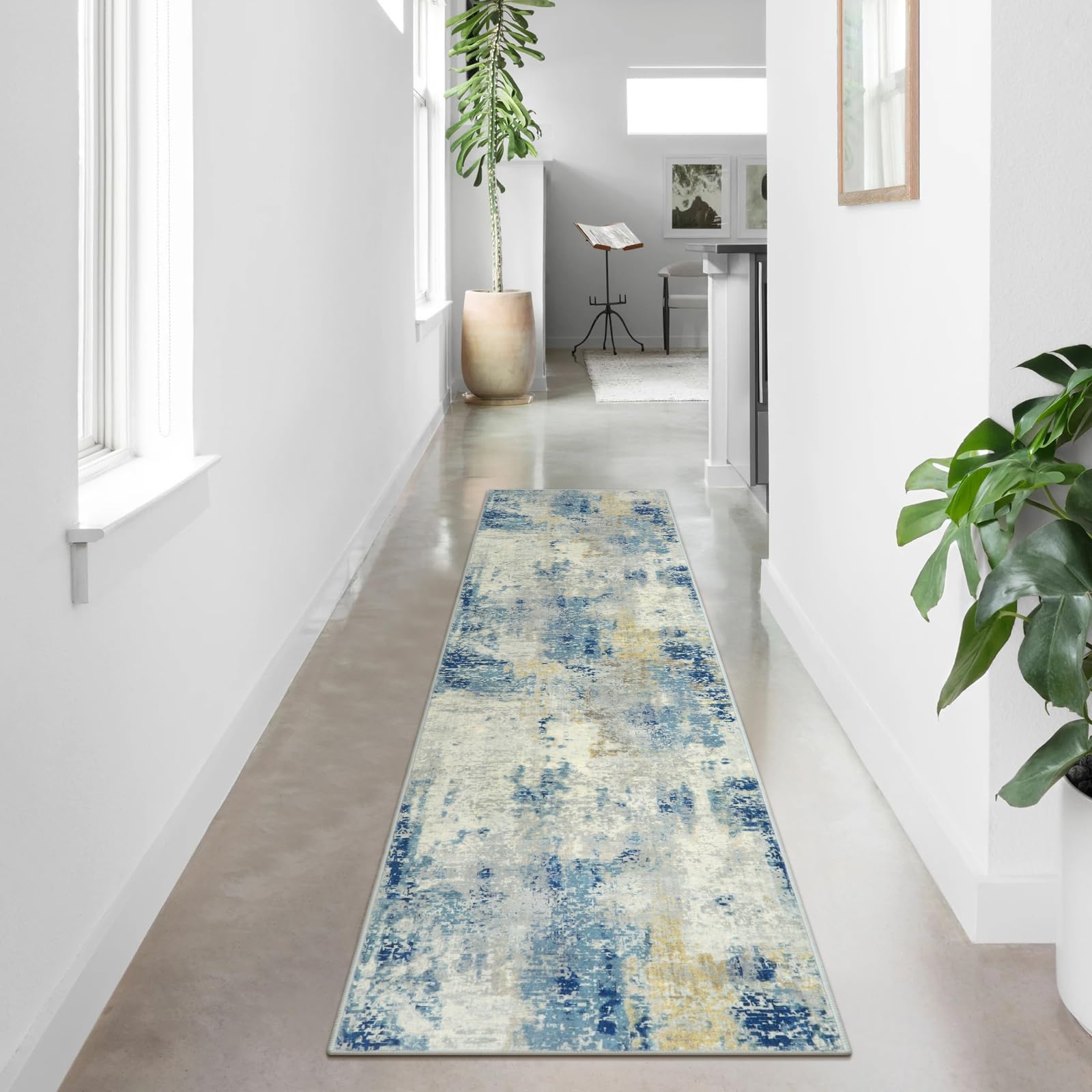 Photo 1 of Lahome Modern Abstract Bathroom Runner Rug 2x8, Washable Entryway Rug Runners for Hallways Non Slip, Soft Non Skid Kitchen Carpet Runner for Living Laundry Bedroom RV, Blue