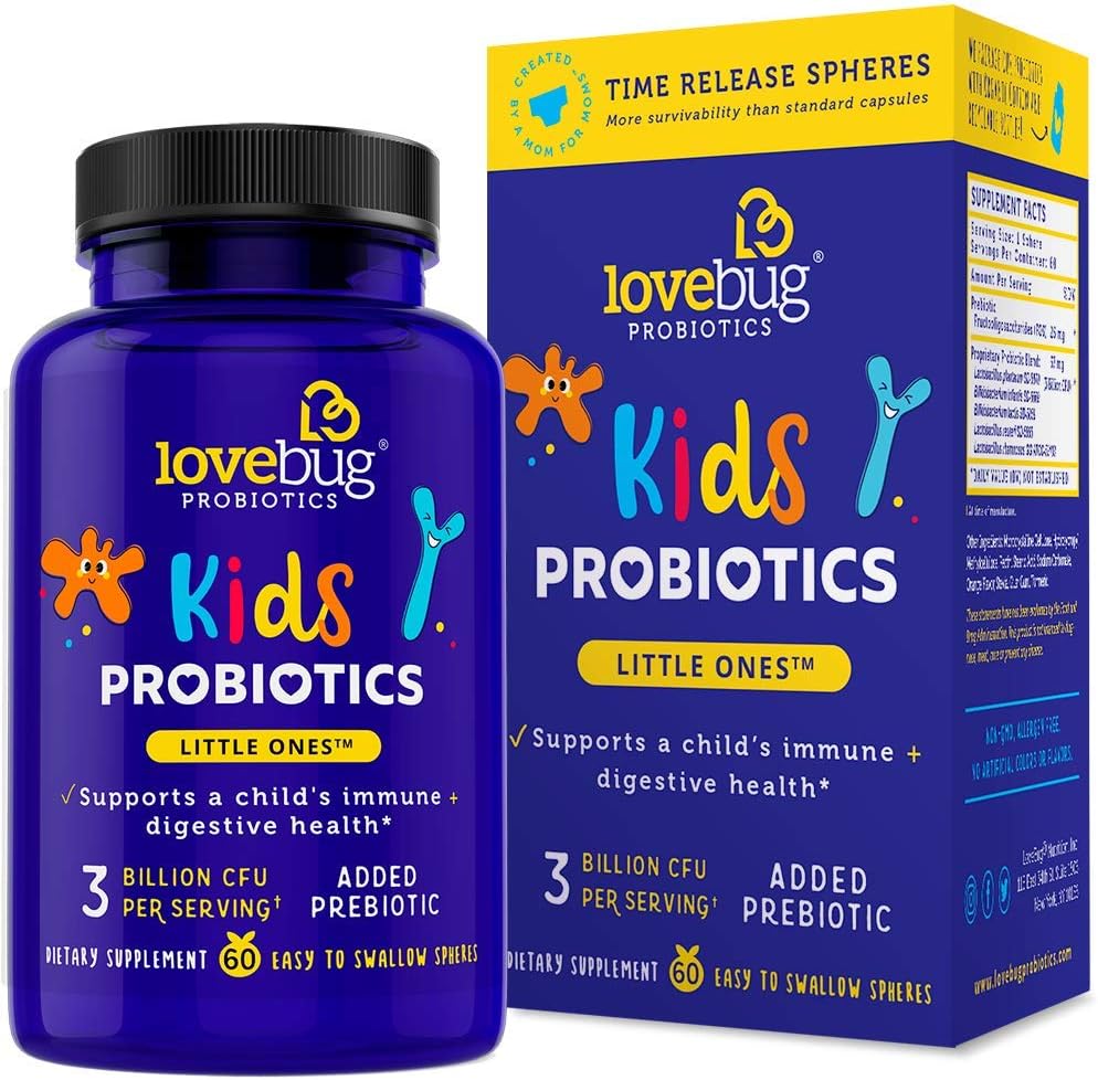 Lovebug Little Ones Probiotics for Kids, 60 Easy-to-Swallow Tiny Pearls, Children's Patented Time Release Probiotics Supplement (60)