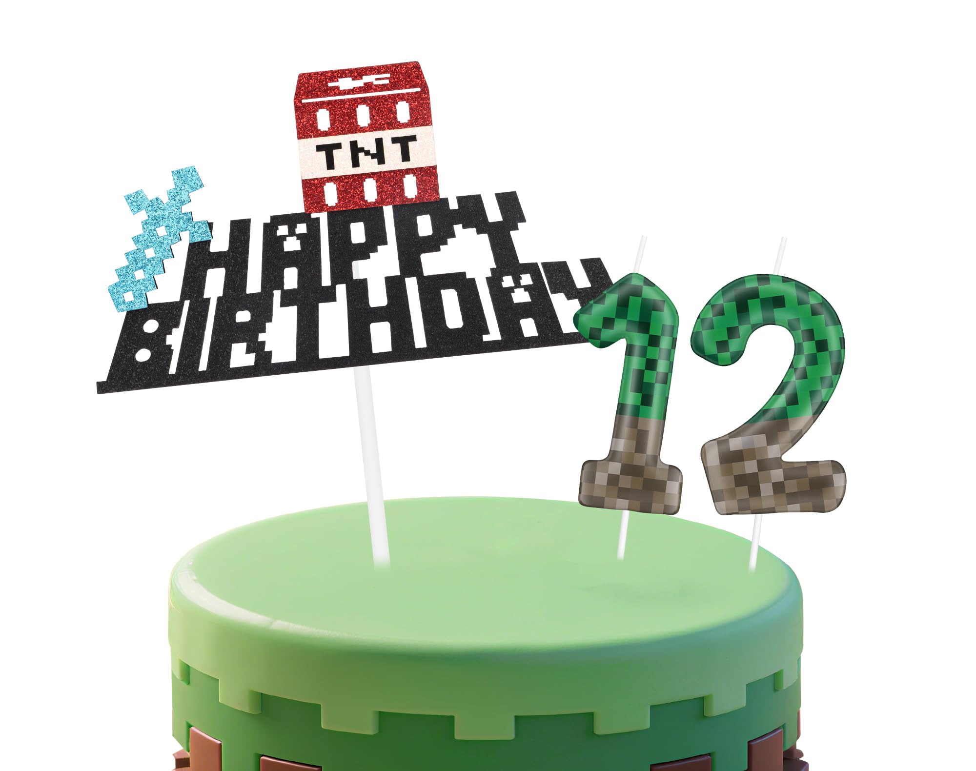 Cartoon Game 12th Birthday Candles,Video Game 12th Birthday Decorations for Boy Girl,Green Number 12 Candle for Cake,Pixel Gaming Themed Cake Decorations for Boys Girls Birthday Party Supplies