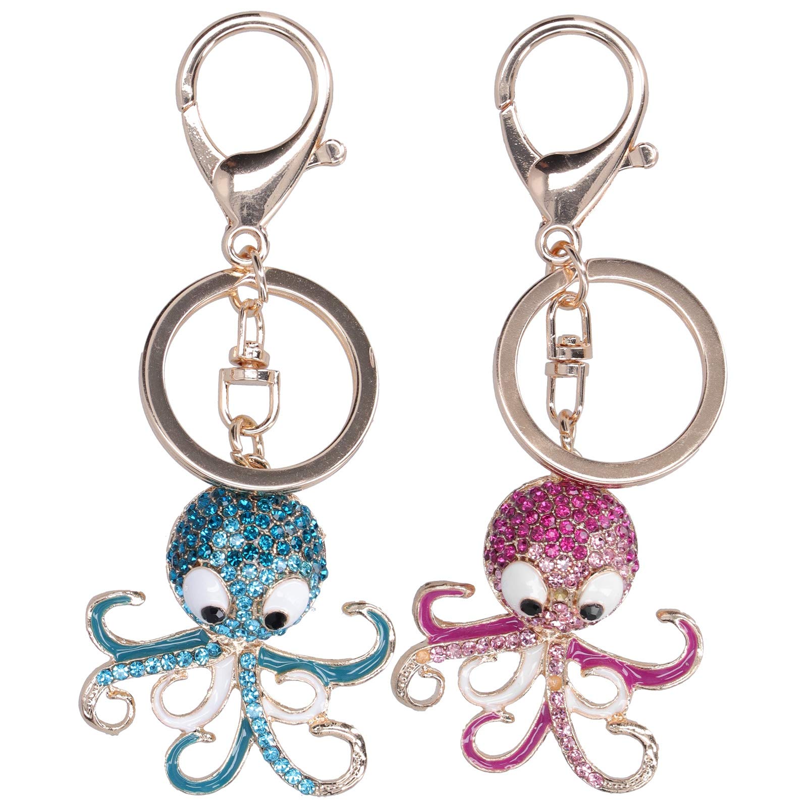 2PCS Cute Octopus Crystal Rhinestones Keychain Animal Keyring Car & Bag Accessory Charm Pendant Gift(6)