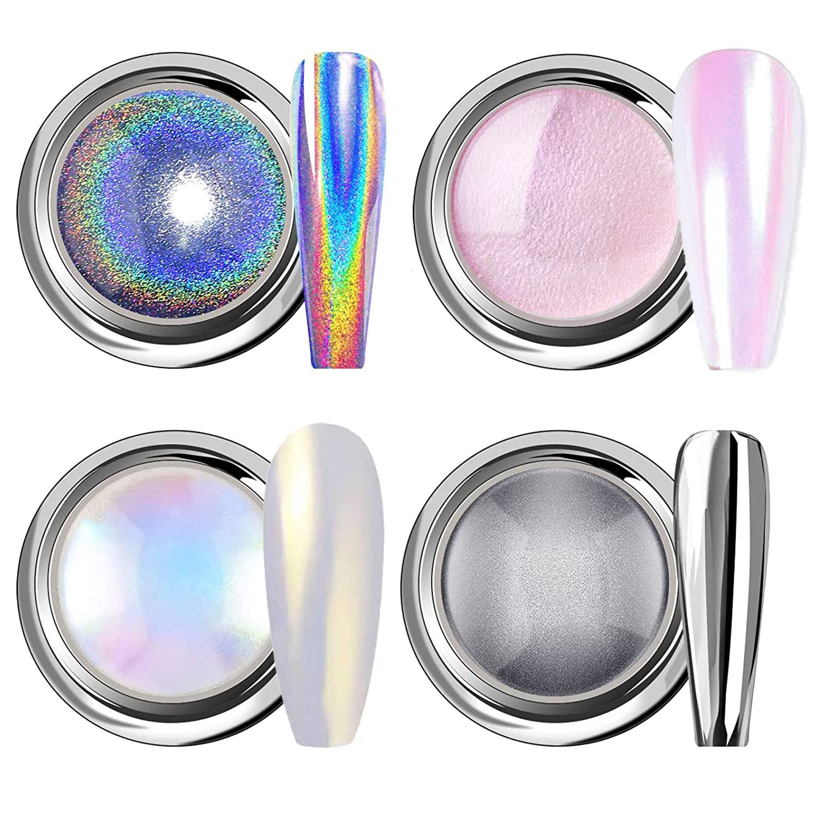 Chrome Nail Powder - White Pearl 4Pcs Metallic Holographic Mermaid Aurora Nail Art Pigment for DIY Manicure