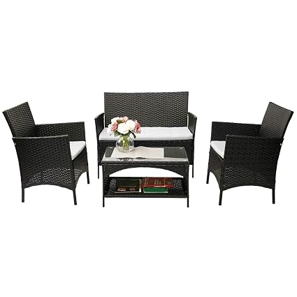 Merax 4 Pieces Outdoor Patio Furniture Sets Rattan Garden Lawn Backyard Chair Wicker Conversation Set With Green Cushions And Tempered Glass Tabletop Sofas