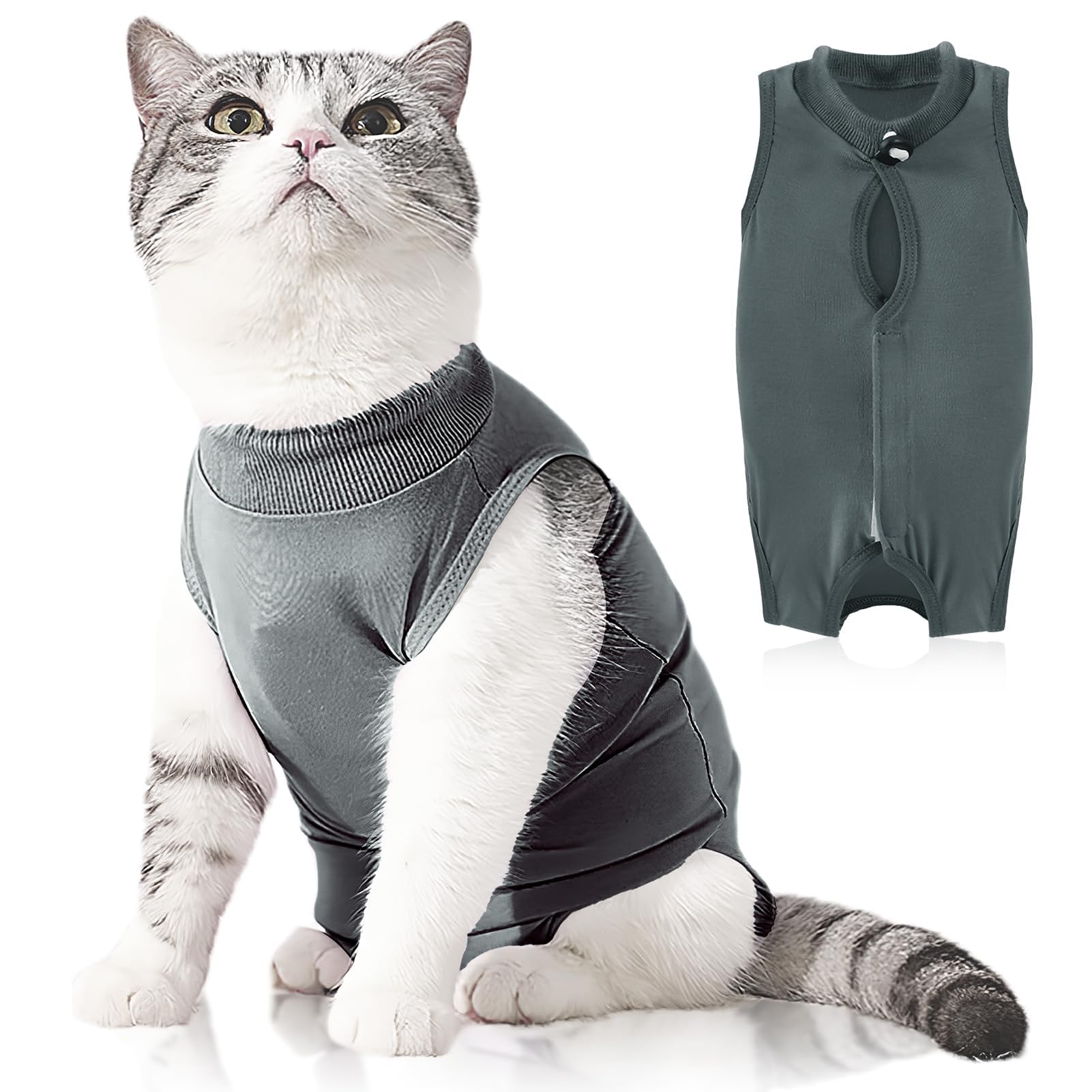 Cat Recovery Suit Post Surgery Bodysuit, Elizabethan Collar & Cone Alternative, Anti-Lick Pet Vest for Kitten Spaying, Professional Recovery Suit for Abdominal Wounds or Skin Diseases (Grey, S)