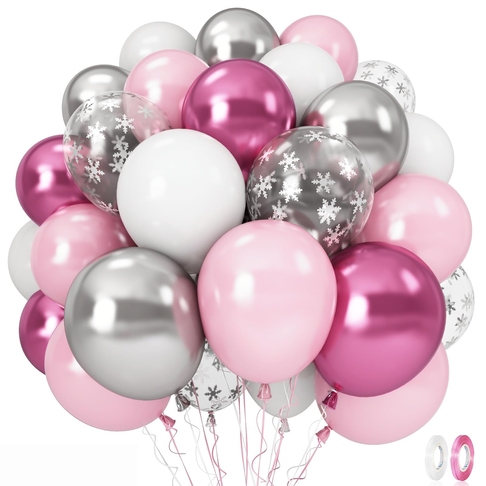 Pink Winter Wonderland Balloons, 60PCS Pearl White & Pink Double Stuffed Balloons, Metallic pink Silver and Snow Balloon for Princess Ice Wonderland Baby Shower Christmas Birthday Party Decorations
