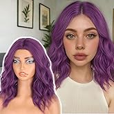AISI HAIR 14 Inch Purple Wigs for Women - Shoulder Length Wave Wig with Pre-Cut Lace Hairline, Middle Part Natural Wavy Bob Synthetic Heat Resistant Fiber for Daily and Party