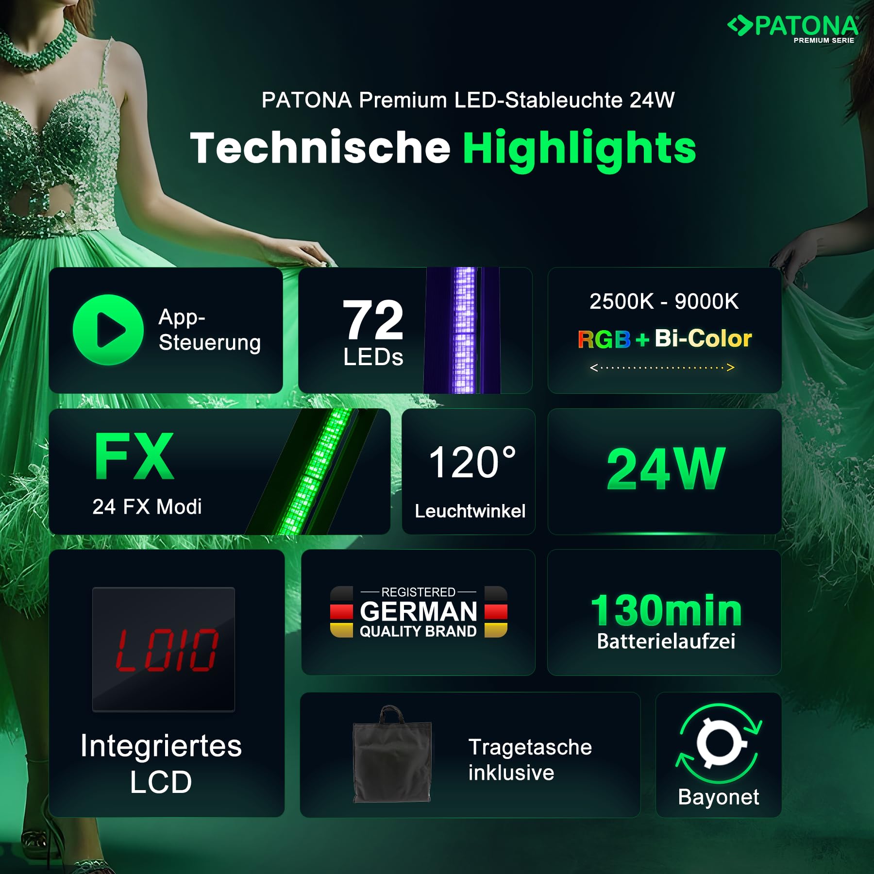 PATONA Premium LED-Stableuchte/Schwertleuchte RGB/Bi-Color | 72 LED's - 1800 Lumen | Farbtemperatur CCT 2500K - 9000K - 24W Power | 24 Fantastische Lichteffekte | APP-Steuerung | Fernbedienung 8