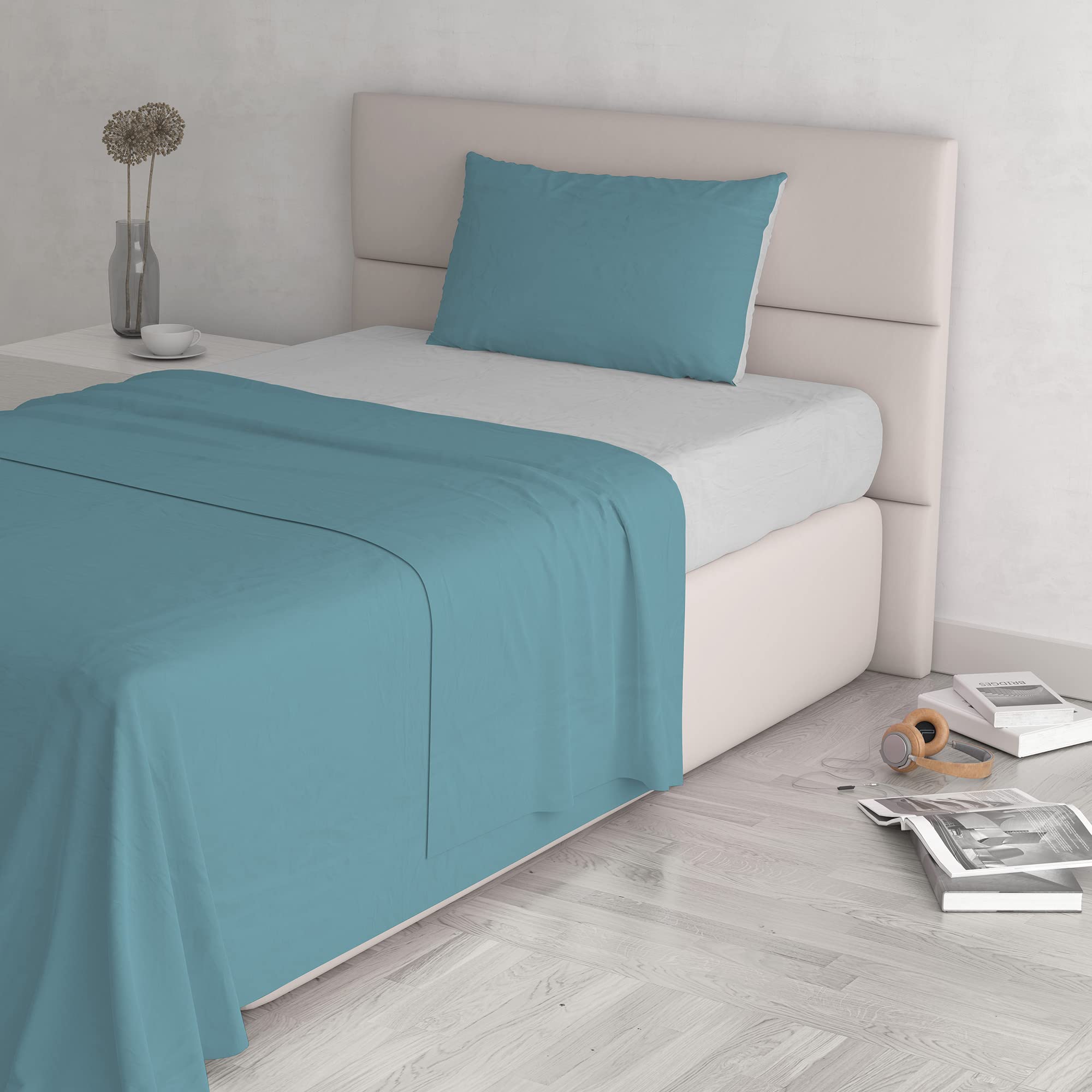 Italian Bed Linen Natural Color Bed Set (Flat 180x300, Fitted Sheet 120x200cm+Pillowcase 52x82cm), Petrol Bottle Green, Ottanio/Light Gray, SMALL DOUBLE