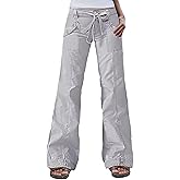 Flamingals Straight Leg Mid Waist Drawstring Solid Flap Pocket Pants for Women