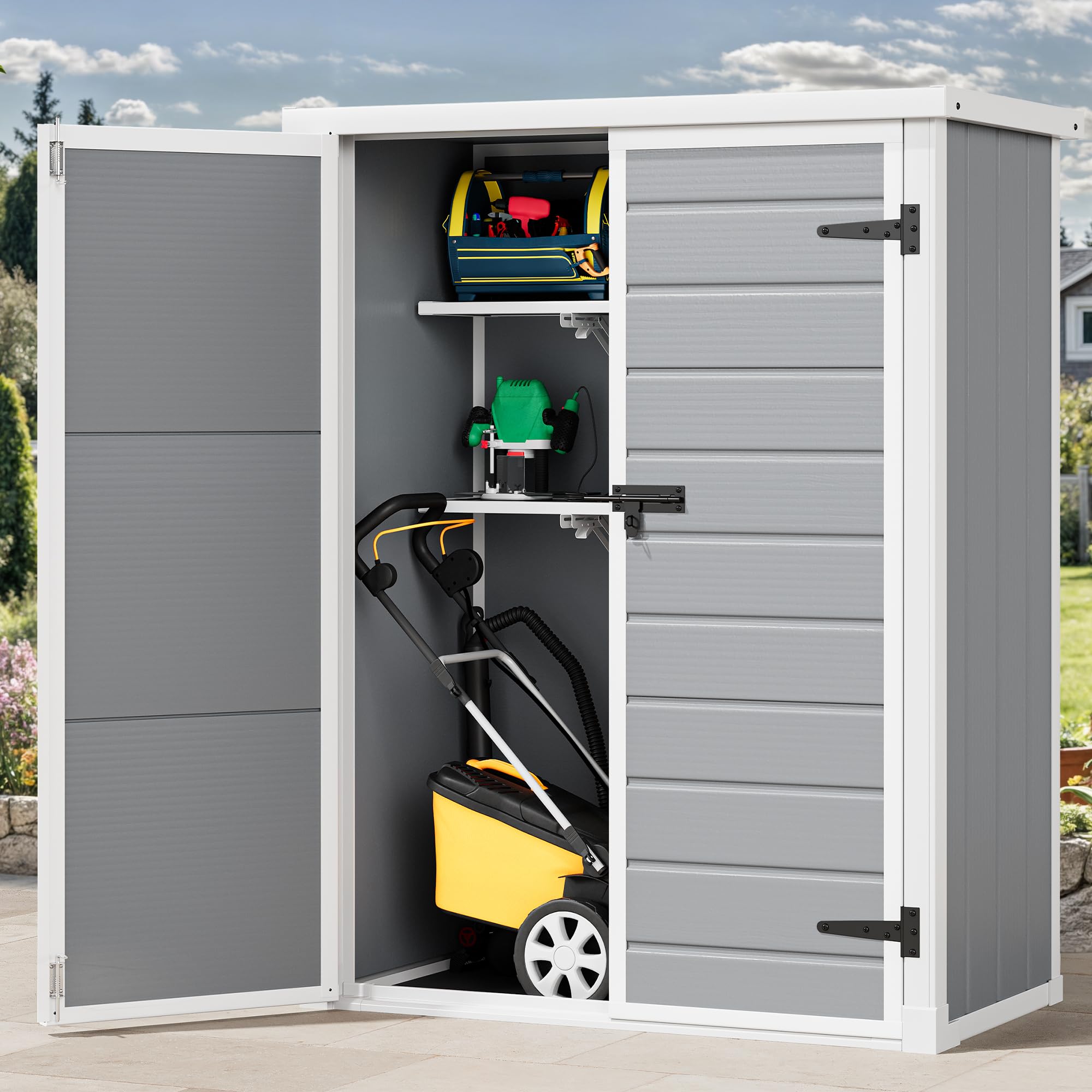 Photo 1 of (missing box 1 of 2) DWVO 49 Cuft Outdoor Tall Storage Shed with 2 Shelves, Weatherproof Vertical Tool Shed with Floor & Lockable Doors