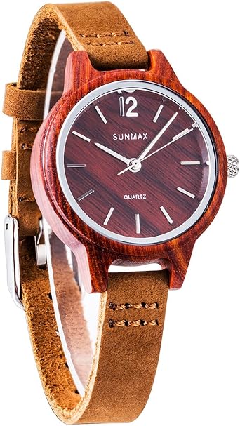 sunmax Madera muñeca Relojes para Women-Red tanwood Serie/Dial 30 mm/Correa de Cuero/Madera Bisel/Movement-Bamboo de Cuarzo analógico Reloj Caja