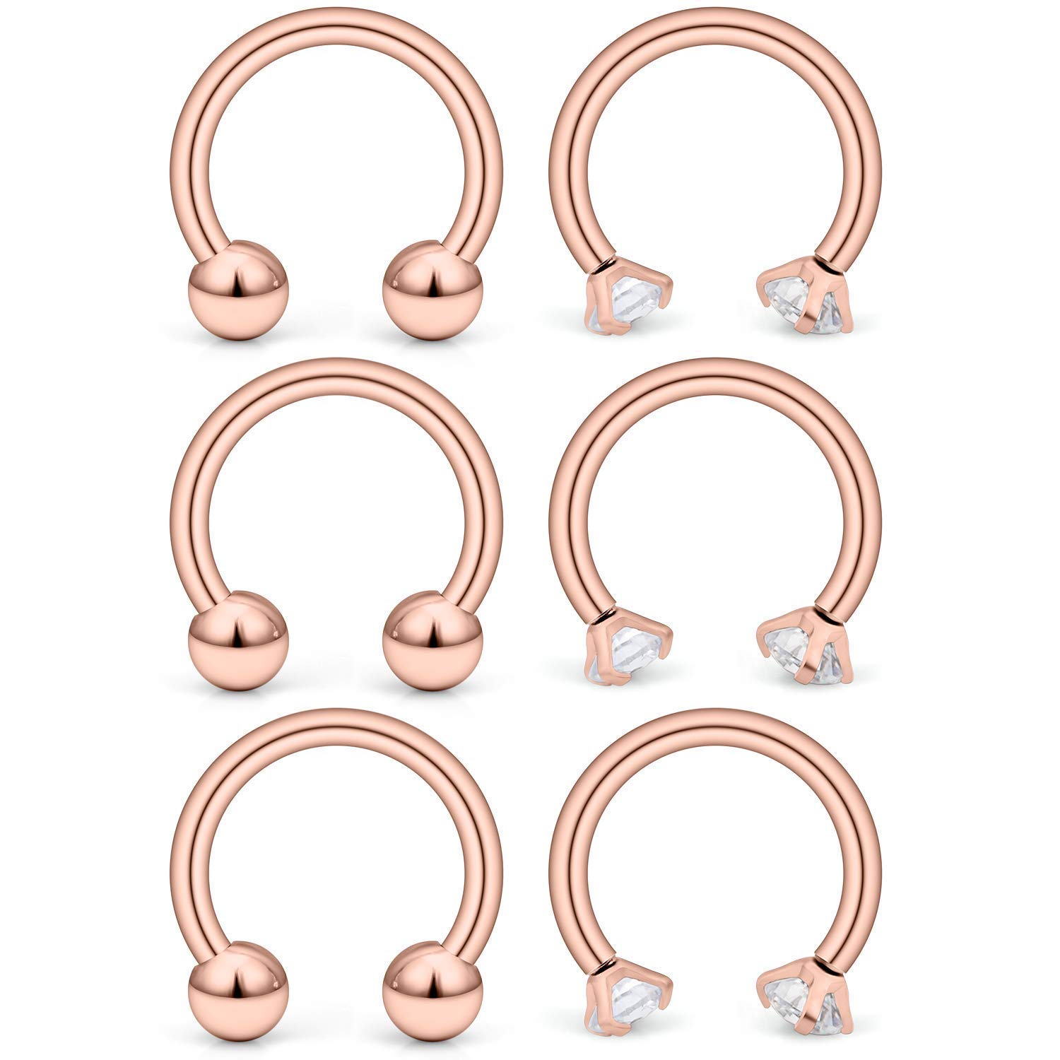VFUN 6PCS 14G Stainless Steel CZ & Ball Septum Horseshoe Rings Helix Cartilage Earrings Hoop for Women Nipplerings 12mm - Rosegold