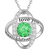 Aurora Tears Birthstone Love Knot Pendant Necklace - 925 Sterling Silver Firework-Cut Cubic Zirconia Love You Forever Necklace Anniversary Birthday Jewelry Gift for Women Wife Mom Daughter