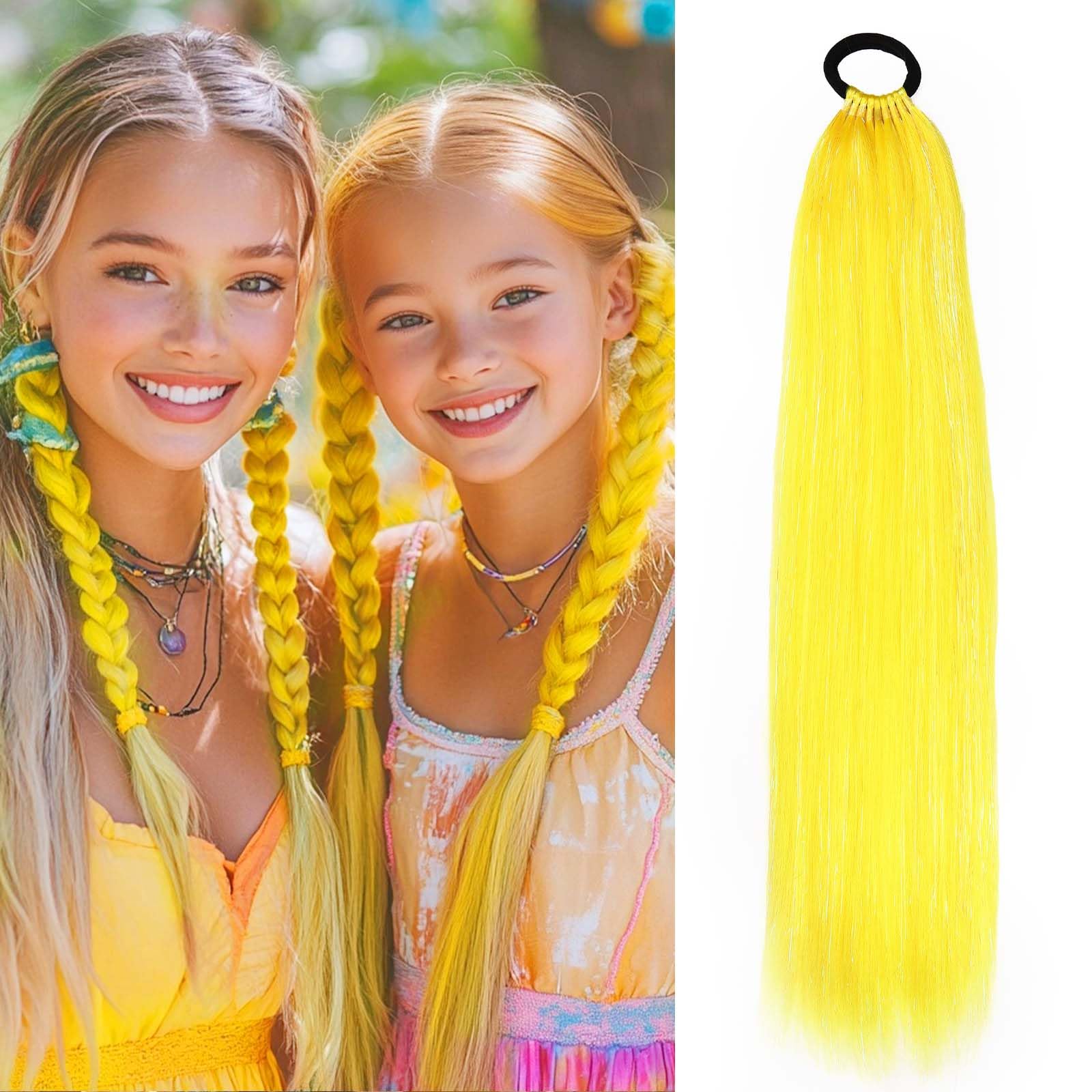 Rainbow Ponytail Extensions With Hair Tie 1 Packs 80g/Pack Coloured Hair Extensions for Braiding 18 inch Colorful Ombre Mermaid Pony Tail Synthetic Hair Extensions for Girl Women XXYellow — image 1
