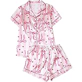 Verdusa Women's 2 Piece Cute Bow Striped Satin Pajama Set Button Down Short Sleeve Top and Shorts