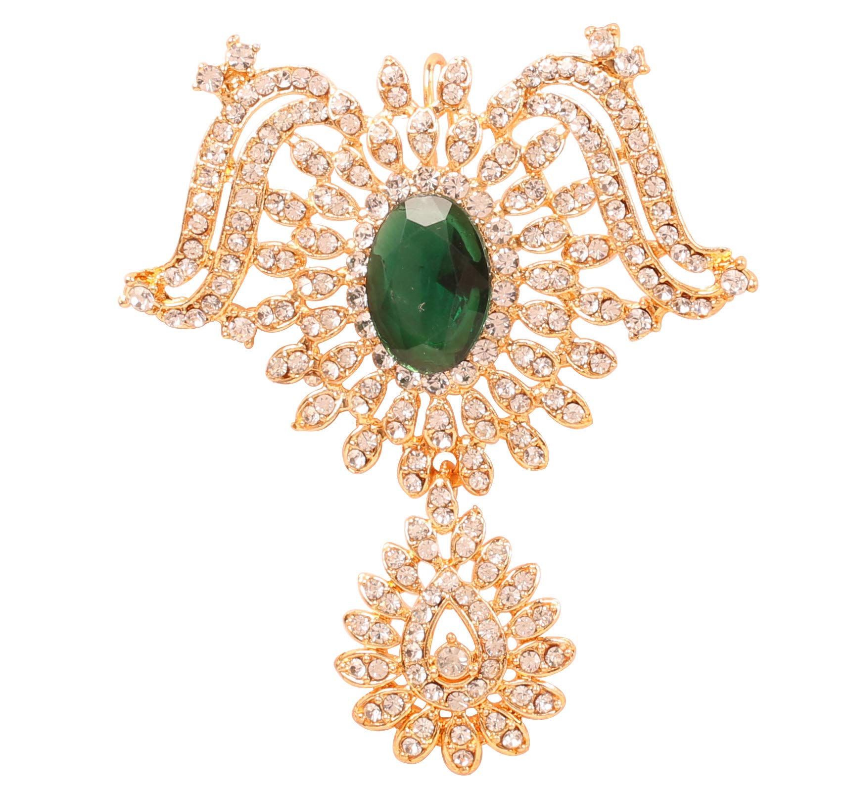 Touchstone New Indian Bollywood Impressive Style Fine Filigree Faux Emerald White Rhinestone Designer Bridal Jewelry Hair Accessory Jurapin in Gold Tone for Women.