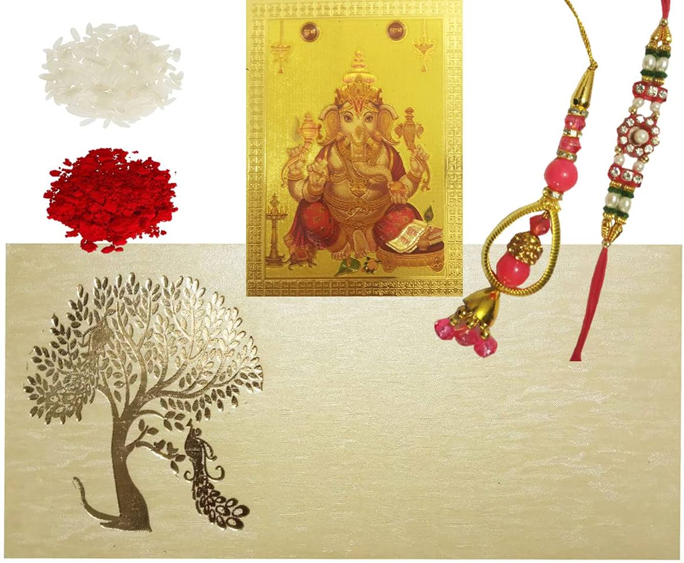 Purpledip Bhai Dooj Rakhi Set: Bhai Rakhi Bracelet. Bhabhi Rakhi (Lumba or Latkan), Ganesha Sticker, Roli Chawal Tika (rakhi80c)