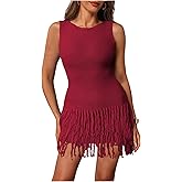 winkbay Women's Fringe Sleeveless Mini Dress Crew Neck Bodycon Knit Party Club Dresses