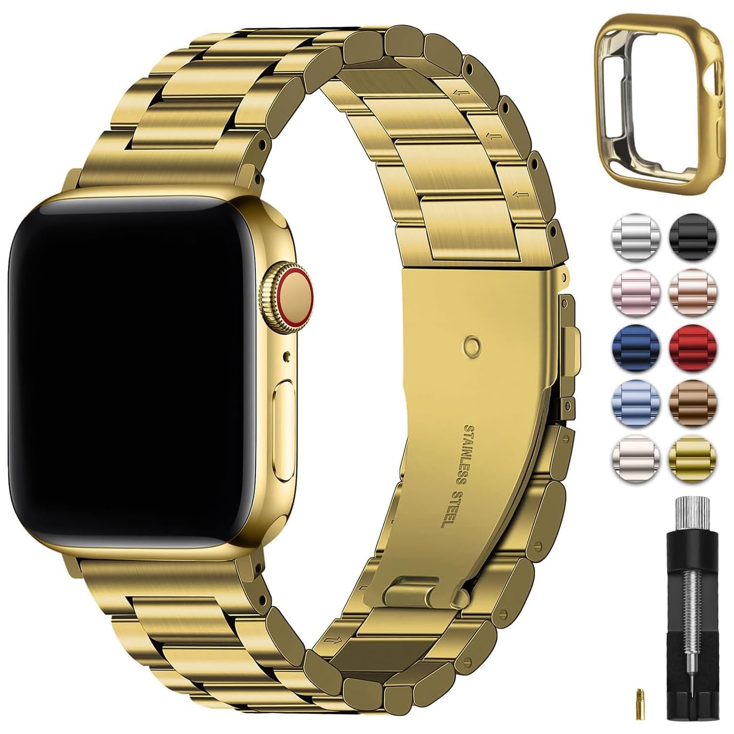 Fullmosa Compatible with Apple Watch Straps 40mm 41mm 38mm 42mm(Series 11/10), Metal Stainless Steel Replacement Bands for iWatch SE 3 2 1/Series 11/10/9/8/7/6/5/4/3/2/1, Gold & Protective Case — image 1