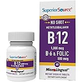 Superior Source No Shot Vitamin B-12 Methylcobalamin 1000 mcg, B-6 & Folic Acid 800 mcg - Supports Brain & Heart Health - Aids Natural Energy Levels - 60 Sublingual Dissolving Tablets
