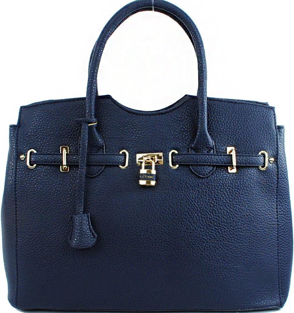 Designer Inspired "Hermes Birkin Looking" Pad Lock Solid Color Structured Tote Handbag