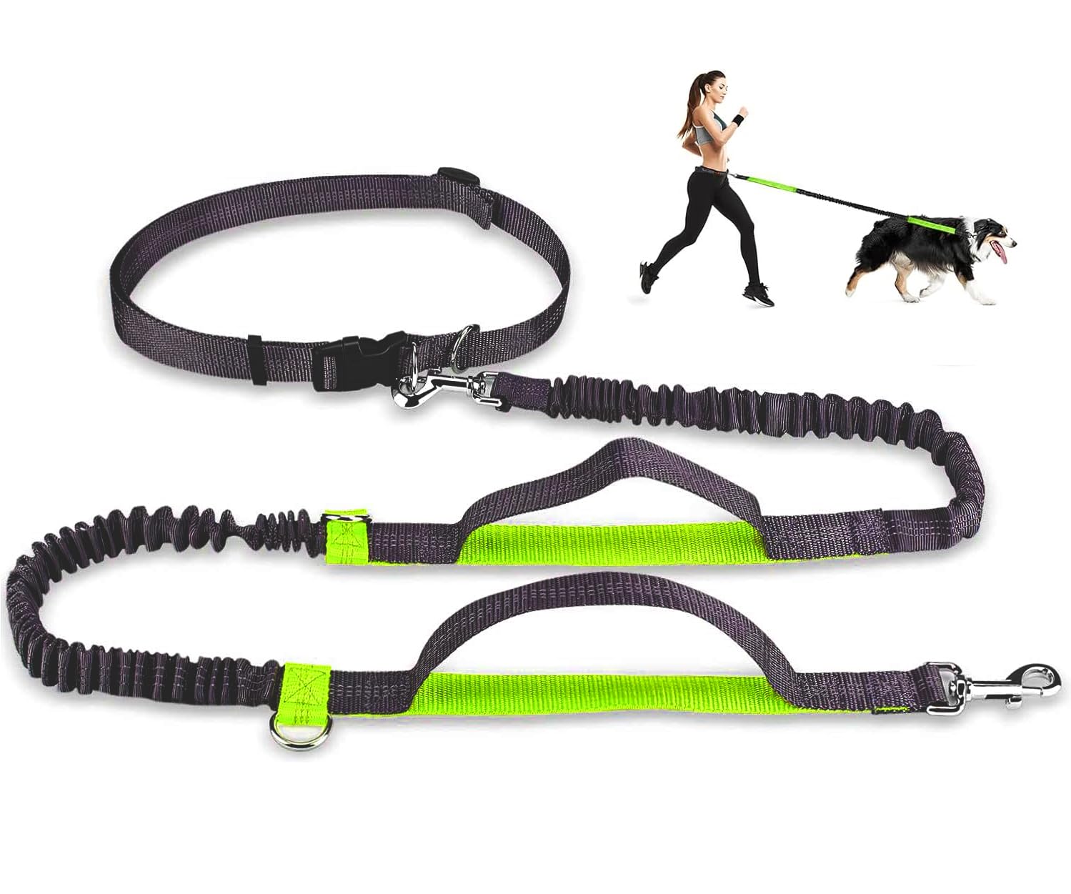 Pecco Dog Walking Belt, Adjustable Weather Resistant Nylon Leash with Dual Bungees, Reflective Tape, for Dogs up to 50kg, Fluorescent Green