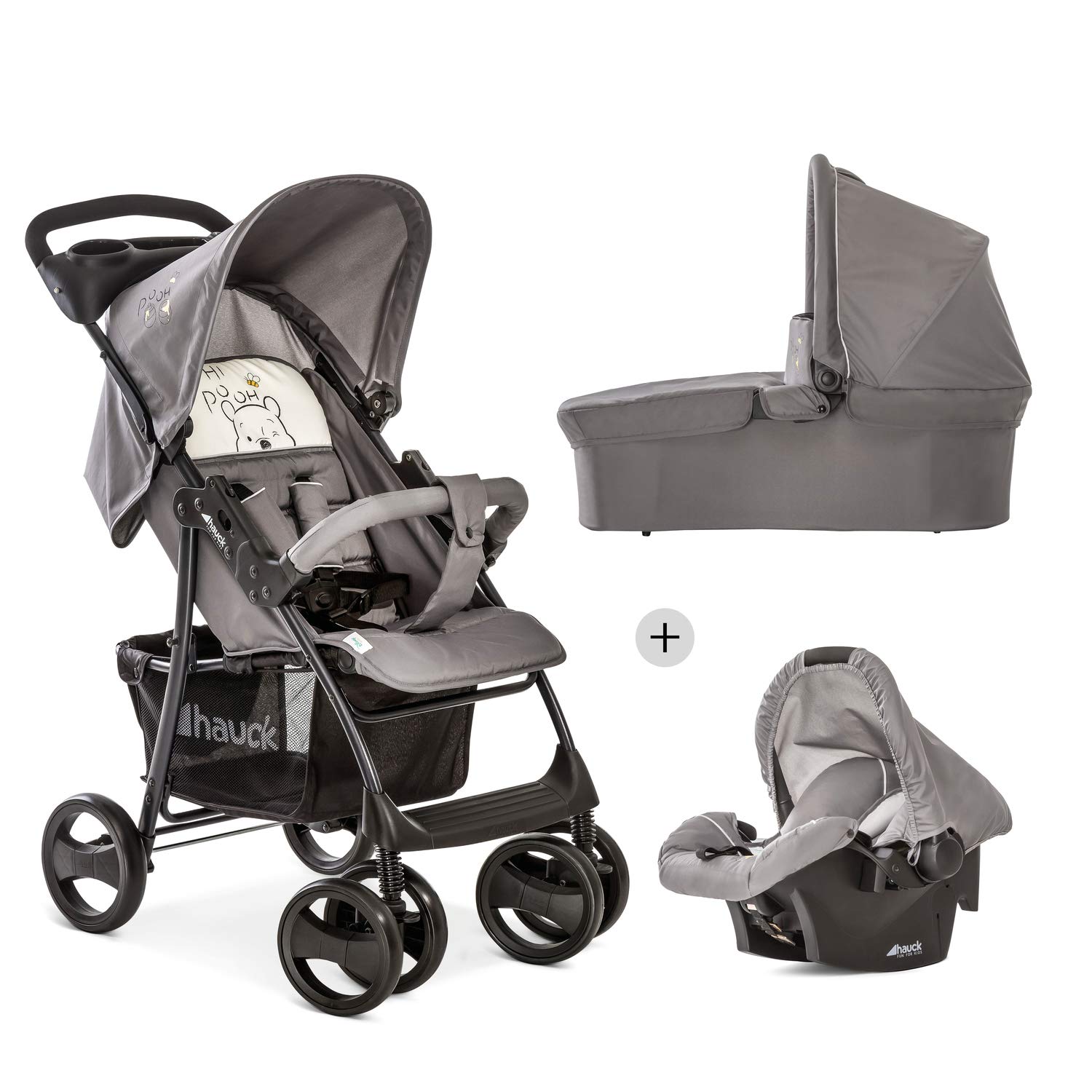 Hauck Shopper SLX Trio Set 3 in 1 Kinderwagen bis 25 kg + Babyschale + Babywanne mit Matratze ab Geburt, Buggy mit Liegefunktion, Getränkehalter, leicht, klein faltbar, pooh cuddles