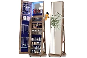 SKKTKT Full Length Mirror With Jewelry Storage, 360 Swivel Jewelry Armoire Organizer With Lights, Lockable Cabinet Standing, Christmas Gifts (Walnut)