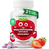 VitaWorks Kids Multivitamin with Iron Chewable Tablets, Vegetarian, 120 Ct | Includes 21 vitamins &amp; minerals - vitamins C, D3 &amp; B12 plus calcium, zinc &amp; magnesium - made in USA, kosher, gluten free