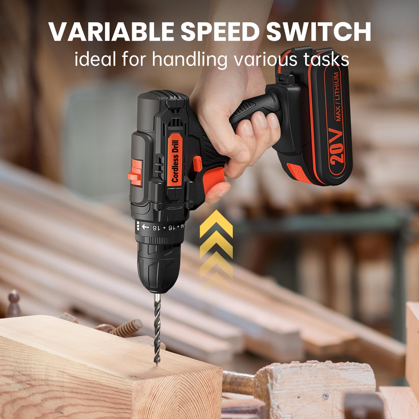 Cordless Drill 20V, Drill Set with 42pcs Accessories and Battery 2.0Ah, ElectricDrill 25+1 Torque Setting, 2 Speed, 3/8