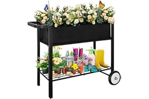 Koutemie Outdoor Raised Planter Bed Box with Legs for Gardening, Elevated DIY Garden Cart on Wheels for Vegetables Flower Tomato Herb Plant, Black