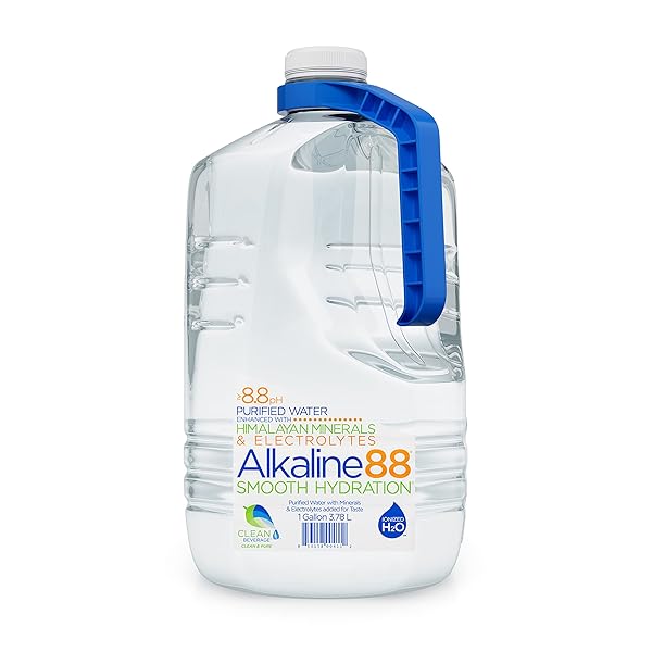 ALKALINE88 PURIFIED IONIZED WATER WITH HIMALAYAN MINERALS & ELECTROLYTES FOR SMOOTH TASTE. PERFECTLY BALANCED FOR YOUR BODY WITH 8.8PH. 1 GALLON. 100% RECYCLABLE.