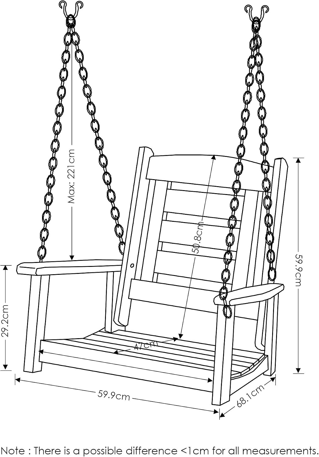 Furinno TIOMAN Porch Swing, Outdoor Single Hanging Wooden Swing with Chain, for Patio Garden, Porch, Natural - Image 3