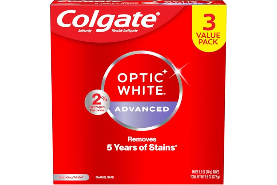 Colgate Optic White Advanced Hydrogen Peroxide Toothpaste, Teeth Whitening Toothpaste Pack, Enamel-Safe Formula, Helps Remove Tea, Coffee, and Wine Stains, Sparkling White, 3 Pack, 3.2 oz