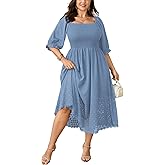 SCOMCHIC Women's Plus Size Maxi Dress Short Sleeve Square Neck Hollow Out Smocked Flowy A-Line Boho Wedding Guest Dresses