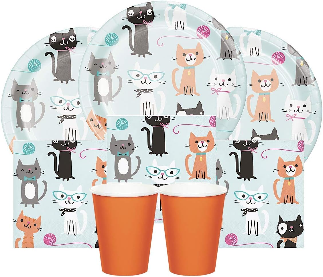 Cat Party Supplies - Cat Birthday or Halloween Party Dessert Plates, Napkins & Cups