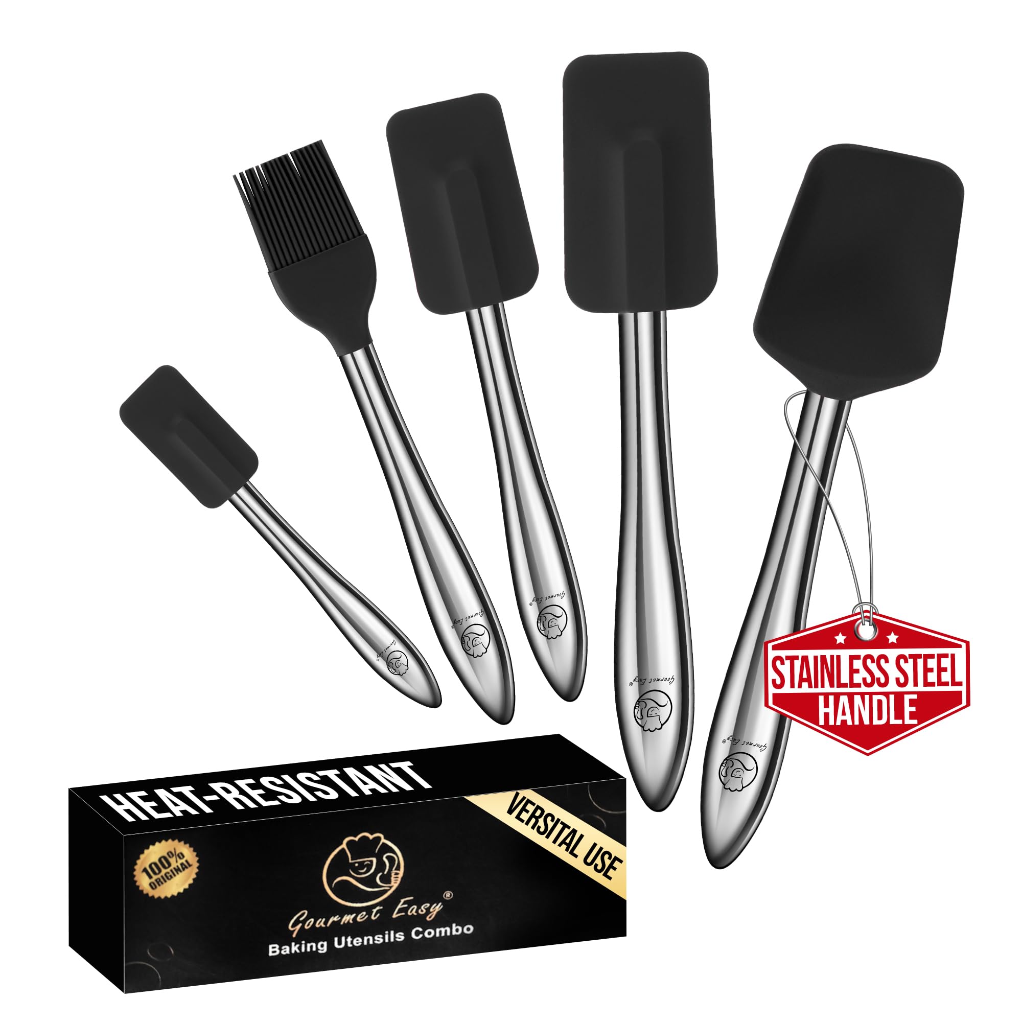5pcs Silicone Spatula Cooking Utensils Set with Stainless Steel Handles, Premium Heat-Resistant Kitchen Utensils for Baking, Spoonula & Silicone Brush Included, Safe for Nonstick Cookware (Black)