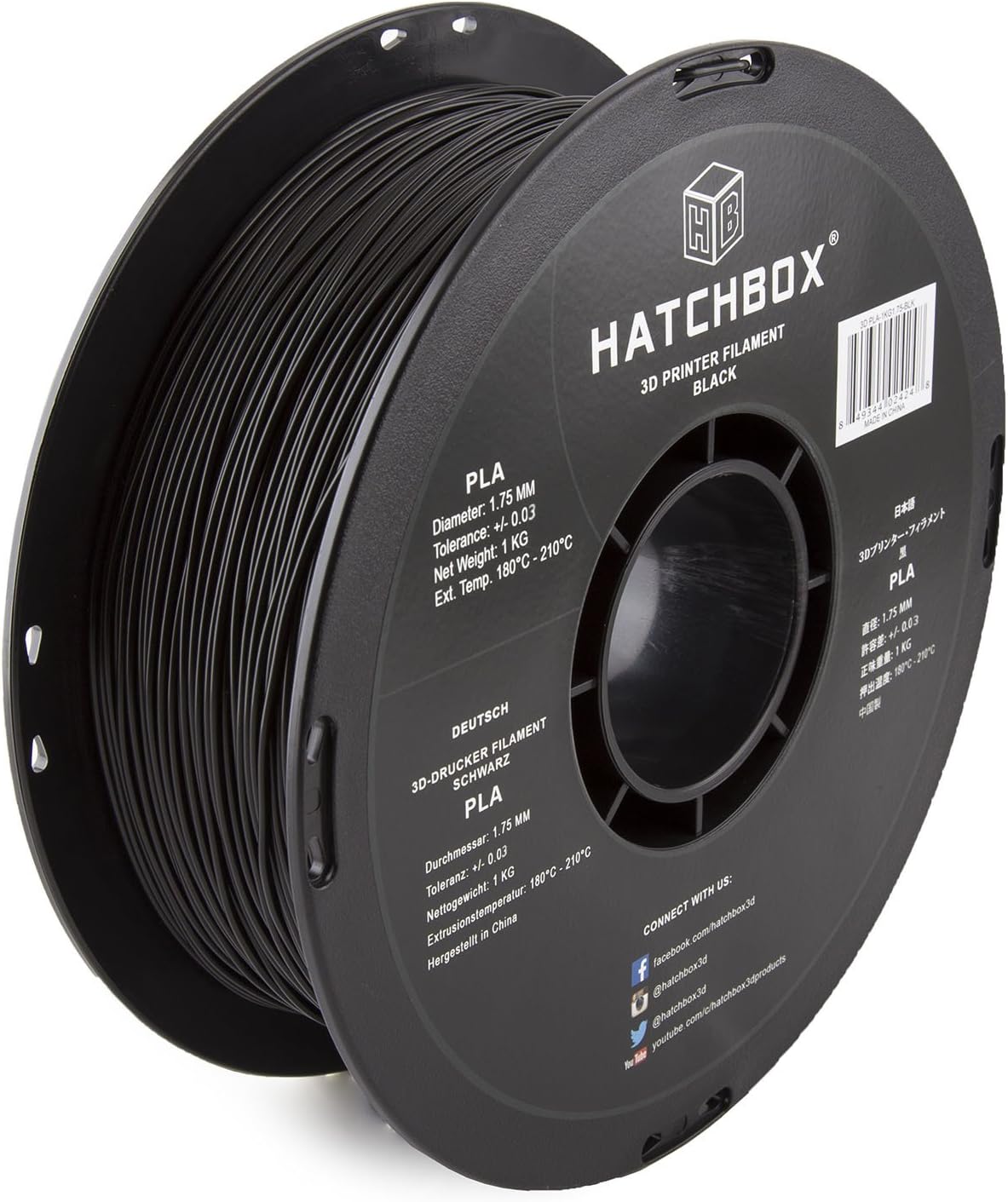 HATCHBOX PLA 3D Printer Filament, Dimensional Accuracy +/- 0.03 mm, 1 kg Spool, 1.75 mm, Black, Pack of 1