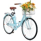 VEVOR Women Bike, 7-Speed and 1-Speed, 24-26 Inch Pink and Light Blue Beach Cruiser Bike, with Large Capacity Basket and Rear Rack, Adjustable Seat, Fits for Cycling, Exercise &amp; Shopping