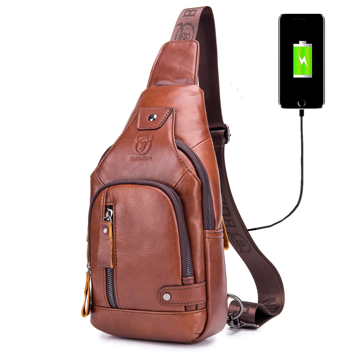 Photo 1 of BULLCAPTAIN Genuine Leather Sling Bag with USB Charging Port Multi-pocket Chest Bag for Men Hiking Travel Daypack XB-129(Brown)