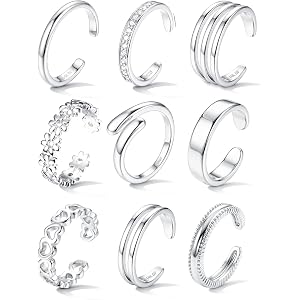 FASACCO 9Pcs 14K Gold Filled Toe Rings Non Tarnish Toe Rings for Women | Adjustable Open Band Ring, Silver Plated Toe Ring, W