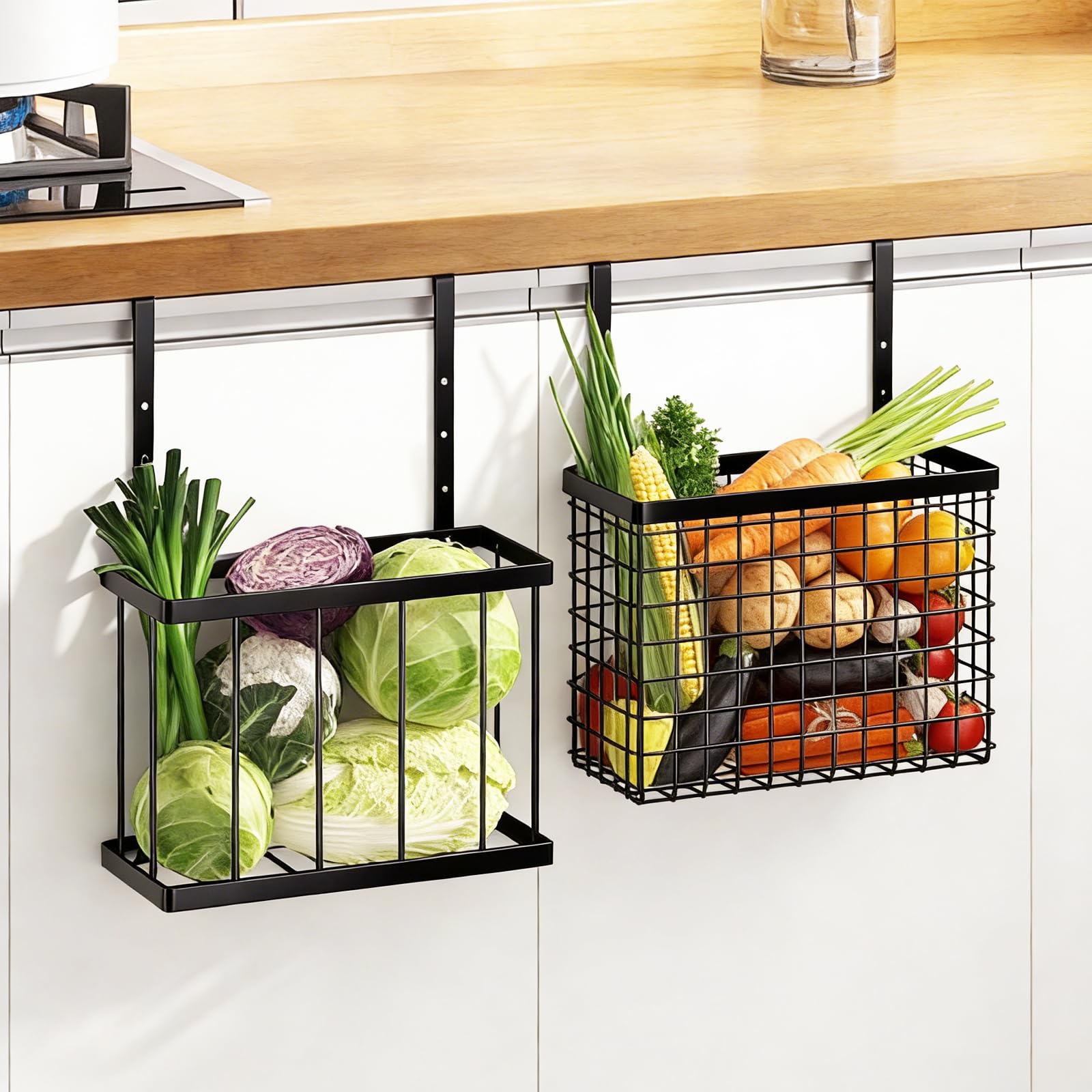 Qivine 2Pcs Kitchen Cupboard Door Storage Rack, Hanging Storage Wire Basket, Black Over the Cabinet Door Organizer, Adjustable Grid Storage Baskets with Hooks and Towel Bar for Pantry Baking Sheet
