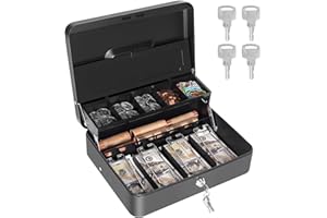 GOEHIAUL Cash Box with Money Tray and Lock, Metal Money Box for Cash Register, Large Cash Lock Box for Money Safe Includes 5 Slots Coin Tray with Cover, 4 Bill Slots, 4 Keys, 11.8" x 9.4" x 3.54" Black