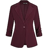 LADI TREND Women's Corduroy Blazer Ruched 3/4 Sleeve Lapel Button Blazers Casual Work Office Suit Jacket with Pockets