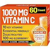 Venture Pal 1000mg Vitamin C Powder with Zinc, Elderberry, Sugar Free | B Complex, 10 Vitamins, Minerals &amp; Electrolytes, Vitamin C Supplements for Emengency Immune &amp; Energy Support, 60 Packets
