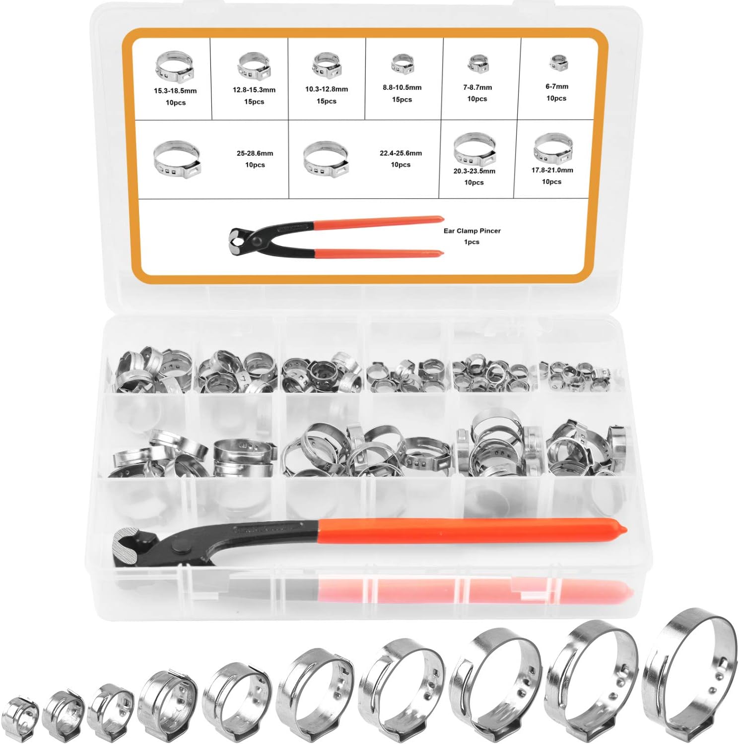 VIGRUE 115Pcs 304 Stainless Steel Single Ear Hose Clamps, 6-28.6mm Stepless Hose Clamps with Ear Clamp Pincer, Cinch Rings Crimp Hose Clamps Assortment Kit for Water Pipe, Plumbing and Automotive Use - - 