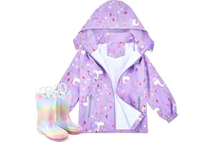 Twistover Rain Jacket and Rainboots Set for Girls Toddler Waterproof Hooded Raincoat Cotton Liner Windbreaker for Kids