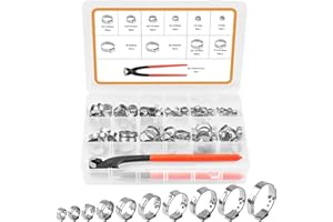VIGRUE 115Pcs 304 Stainless Steel Single Ear Hose Clamps,6-28.6mm Stepless Hose Clamps with Ear Clamp Pincer,Cinch Rings Crimp Hose Clamps Assortment Kit for Water Pipe, Plumbing and Automotive Use