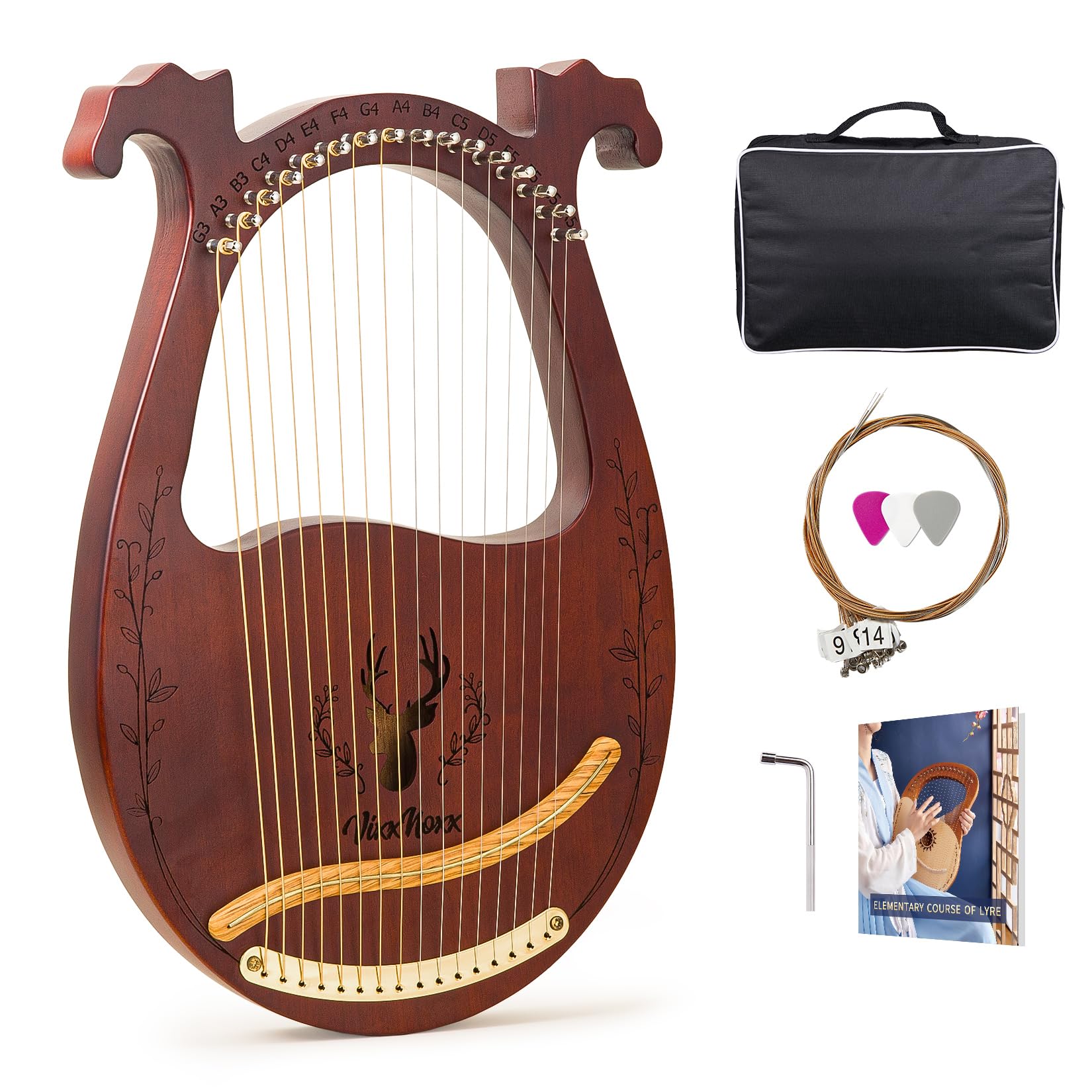 VixxNoxx Lyre Harp, 16 Metal Strings Mahogany Lyra Harp Stringed Musical Instruments with Tuning Wrench, Spare String Set, Manual Book