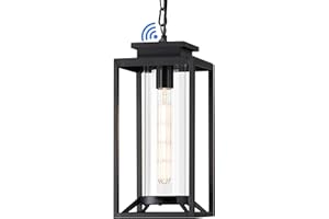 Osimir Outdoor Pendant Light, 14" Large Dusk to Dawn Outdoor Chandelier Lantern with Sensor, Black Modern Exterior Hanging Porch Light with Cylinder Glass, Adjustable Long Chain, OS-KY1002